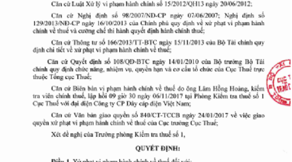 Công ty cổ phần Dây cáp điện Việt Nam bị phạt vì khai sai thuế