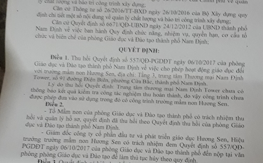Vụ trẻ 3 tuổi rơi từ tầng 20 ở Nam Định: Trường mầm non Hương Sen hoạt động không phép!