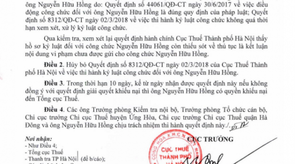 Cục thuế TP Hà Nội hủy quyết định kỷ luật công chức Nguyễn Hữu Hồng
