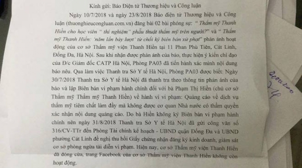 Thẩm mỹ Thanh Hiền bị yêu cầu đóng cửa sau quảng cáo sai phép