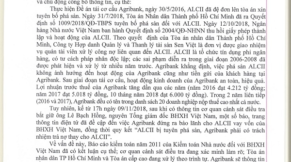 “Việc phá sản ALCII không ảnh hưởng đến hoạt động của Agribank”!