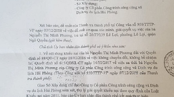 UBND TP. Hải Phòng chỉ đạo khẩn trương giải quyết đơn thư tố cáo của bà Nguyễn Thị Minh Phương