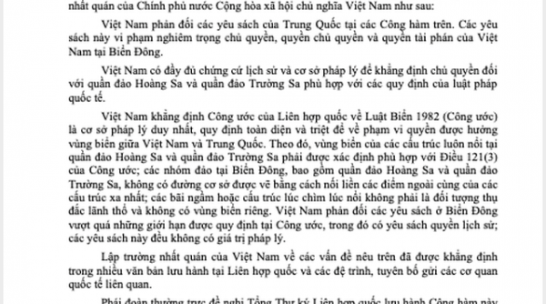 Việt Nam gửi công hàm lên Liên hợp quốc phản đối lập trường của Trung Quốc