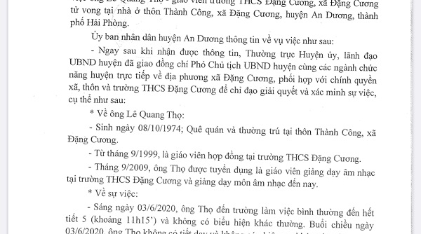 UBND huyện An Dương (Hải Phòng) thông tin về việc giáo viên trường THCS Đặng Cương tử vong tại nhà