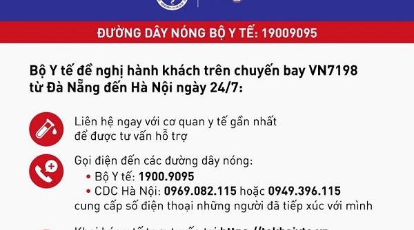 Nóng: Bộ Y tế thông báo khẩn tìm hành khách chuyến bay VN7198 từ Đà Nẵng đến Hà Nội ngày 24/7