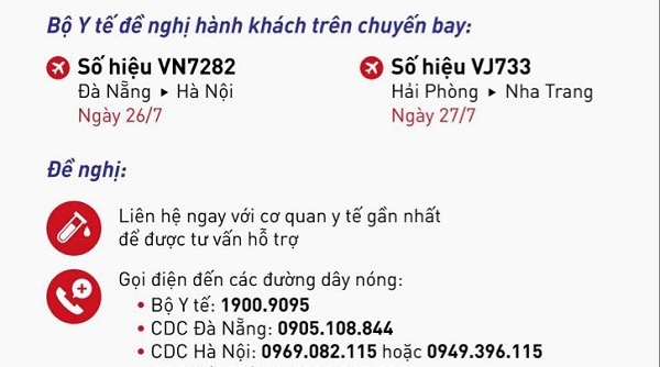 Bộ Y tế thông báo tìm người trên chuyến bay VN7282 và VJ733