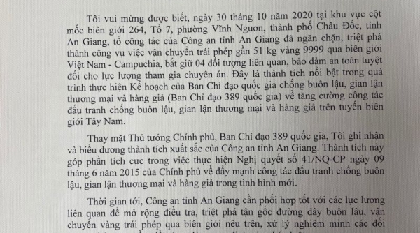 Phó Thủ tướng Trương Hòa Bình gửi thư khen công an tỉnh An Giang