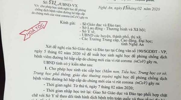 Nghệ An: Cho học sinh nghỉ học để phòng chống dịch do virus Corona