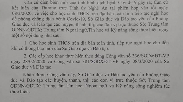 Nghệ An: Học sinh THCS tiếp tục nghỉ học để phòng, chống dịch Covid-19