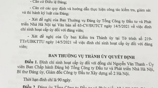 Hà Nội: Đình chỉ sinh hoạt Đảng đối với ông Nguyễn Văn Thanh