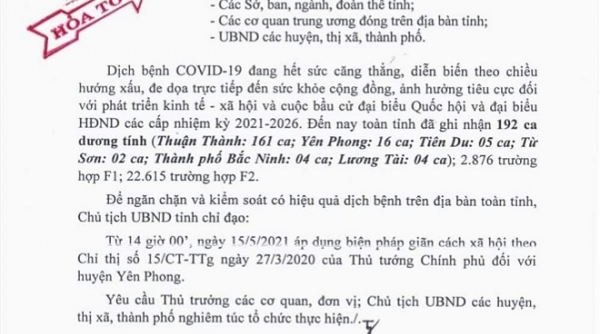Bắc Ninh: Giãn cách xã hội huyện Yên Phong từ 14 giờ ngày 15/5
