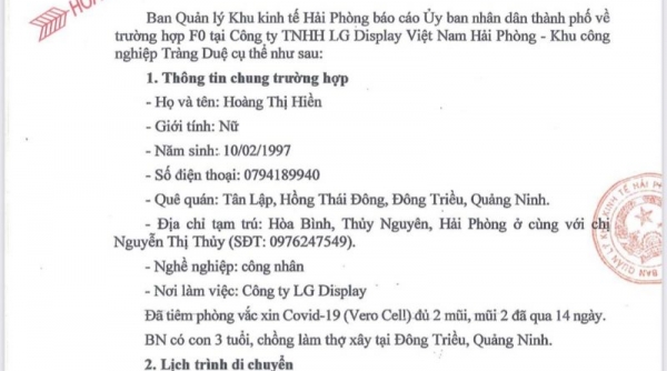 Hải Phòng: Báo cáo nhanh về trường hợp F0 tại công ty TNHH LG Display Việt Nam Hải Phòng