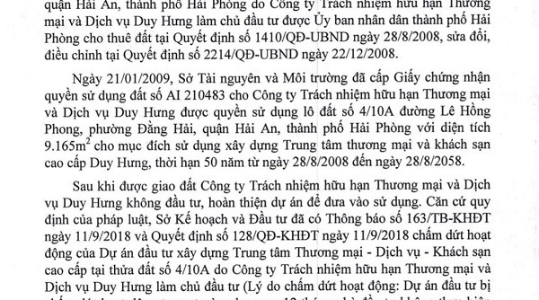 UBND quận Hải An sẽ cưỡng chế 9.165m2 đất đối với công ty TNHHTM và DV Duy Hưng tại phường Đằng Hải
