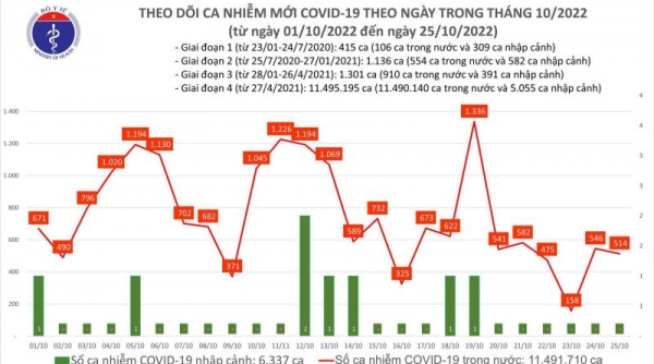 Ngày 25/10, ca mắc COVID-19 mới vượt mốc 500, bệnh nhân nặng tăng lên