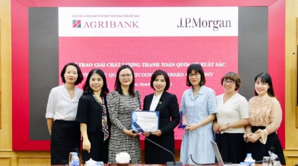 Agribank nhận giải Chất lượng Thanh toán xuất sắc do Ngân hàng JP Morgan - Mỹ trao tặng