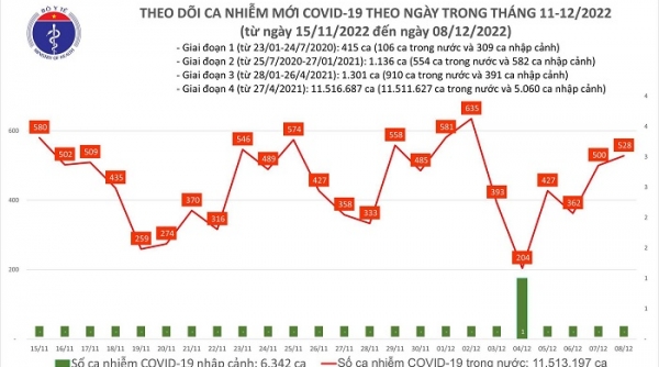 Việt Nam ghi nhận 528 ca COVID-19 mới trong ngày 08/12