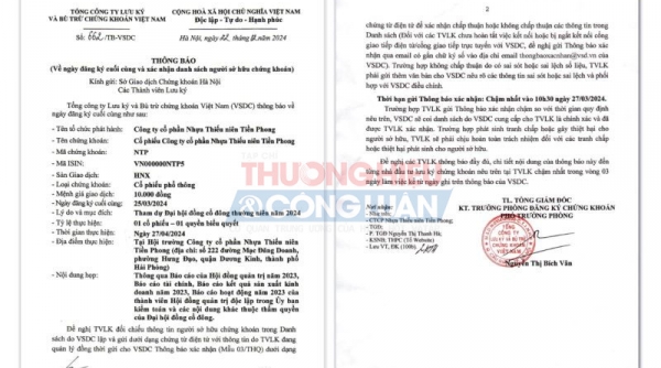 Tổng công ty Lưu ký và bù trừ chứng khoán Việt Nam thông báo về ngày đăng ký cuối cùng mã chứng khoán NTP