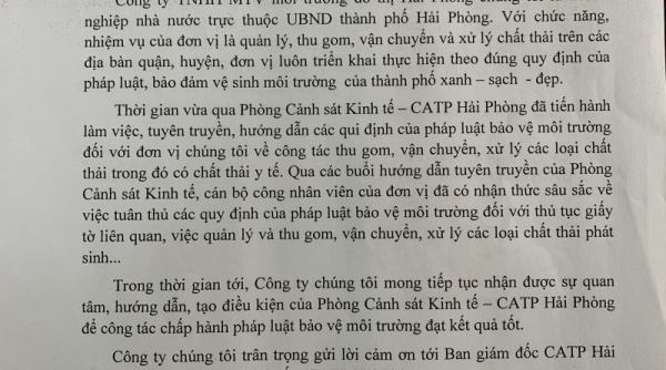 Công ty TNHH MTV Môi trường đô thị Hải Phòng gửi thư cảm ơn Phòng Cảnh sát Kinh tế - CATP. Hải Phòng