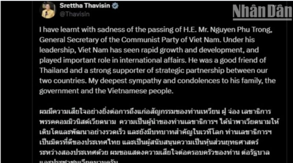 Thủ tướng Thái Lan và kiều bào tại Thái Lan chia buồn trước sự ra đi của Tổng Bí thư Nguyễn Phú Trọng