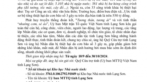 Ủy ban MTTQ Việt Nam tỉnh Lạng Sơn kêu gọi ủng hộ nhân dân bị thiệt hại do bão số 3