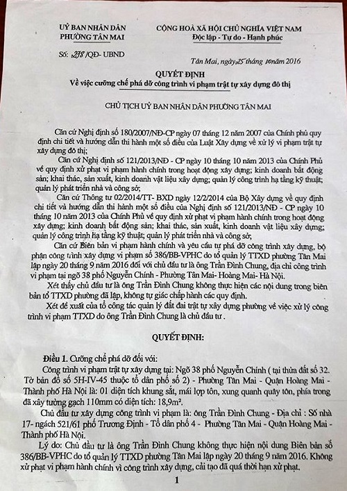 Phường Tân Mai (Hoàng Mai, Hà Nội): Có dấu hiệu sai lệch trong QĐ cưỡng chế