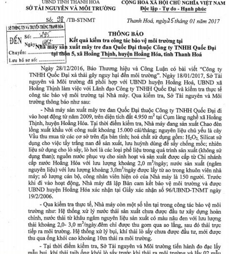 Thanh Hóa: Sở TN&MT vào cuộc vụ Công ty TNHH Quốc Đại xả thải gây nguy hại môi trường