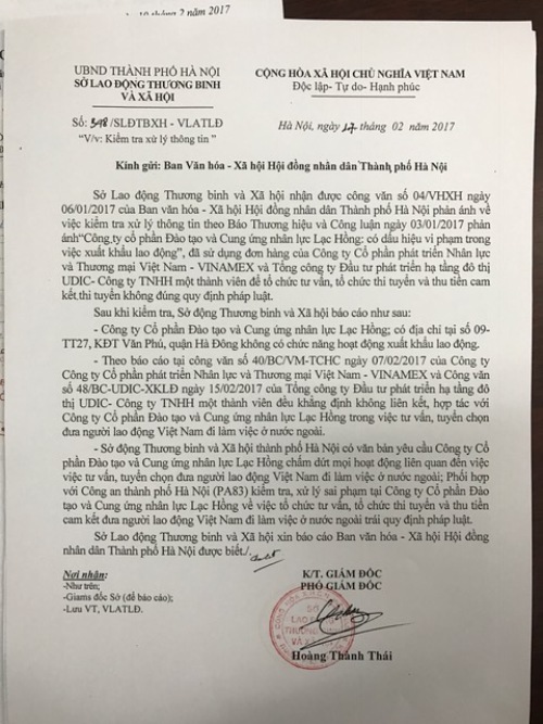 Bài 4: Yêu cầu Công ty CPĐT và C.Ư Nhân lực Lạc Hồng chấm dứt mọi hoạt động liên quan đến XKLĐ