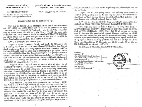 Hà Nội: Nhiều tranh cãi trong việc thu hồi GCN ĐKKD của Công ty TNHH Kim Anh
