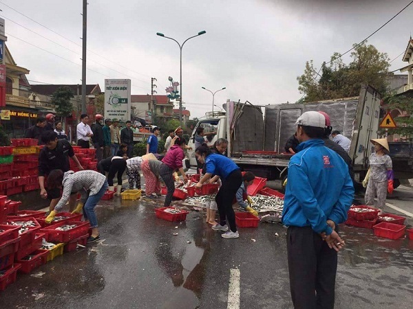 Hà Tĩnh: Xe tải lật giữa quốc lộ, người dân giúp tài xế thu gom 2 tấn cá - Hình 1