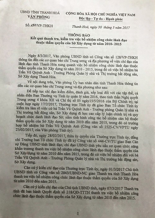 Thanh Hóa: Công bố sai phạm trong việc bổ nhiệm bà Trần Vũ Quỳnh Anh - Hình 1