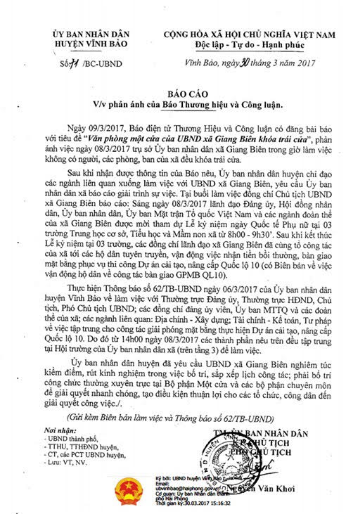 UBND xã Giang Biên (Vĩnh Bảo, Hải Phòng) đóng cửa trong giờ làm việc!