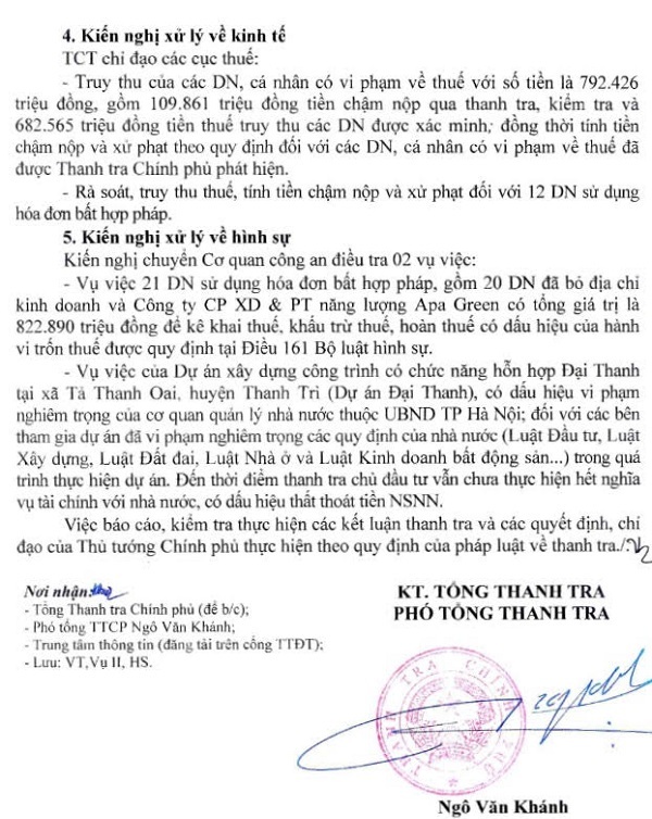 Sai phạm tại DA Đại Thanh (Hà Nội): DN nào bị Thanh tra Chính phủ kiến nghị xử lý hình sự? - Hình 2