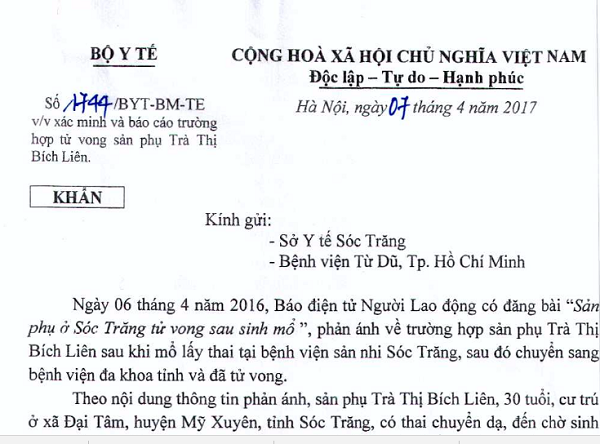 Yêu cầu Sở Y tế Sóc Trăng báo cáo vụ sản phụ tử vong sau sinh mổ trước ngày 13/4
