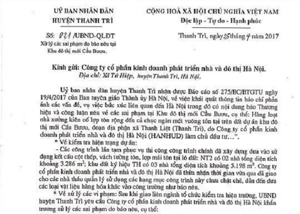 Huyện Thanh Trì (Hà Nội): Xử lý các sai phạm do báo chí nêu tại khu ĐTM Cầu Bươu - Hình 1