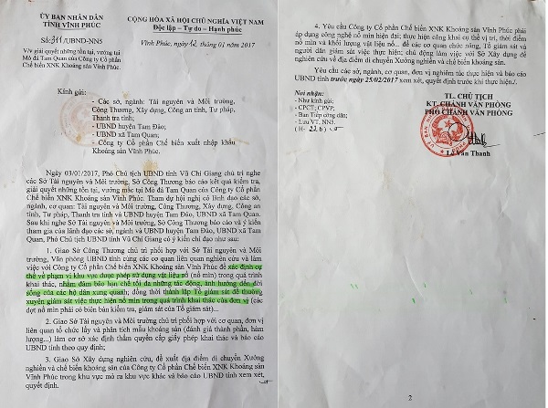 Vĩnh Phúc: UBND tỉnh chỉ đạo giải quyết vướng mắc tại mỏ đá Tam Quan