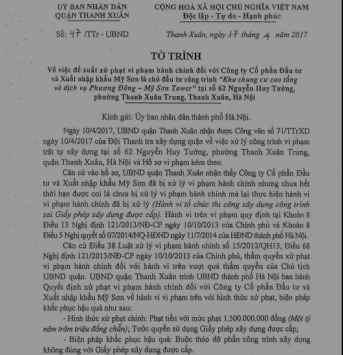 Q. Thanh Xuân: Đề xuất UBND TP. Hà Nội xử lý nghiêm sai phạm tại Mỹ Sơn Tower - Hình 1