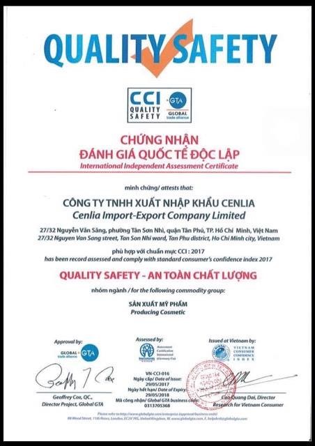 Mỹ phẩm CENLIA đạt chứng nhận “Quality Safety - An toàn chất lượng” năm 2017