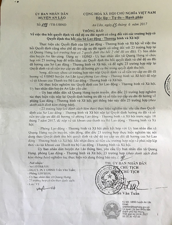 Xã Quang Hưng (An Lão, Hải Phòng): 23 trường hợp làm giả hồ sơ chế độ người có công