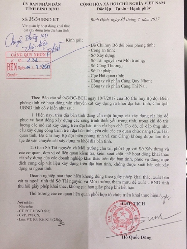 Chủ tịch UBND tỉnh Bình Định ban hành "lệnh cấm" bán cát ra ngoài tỉnh