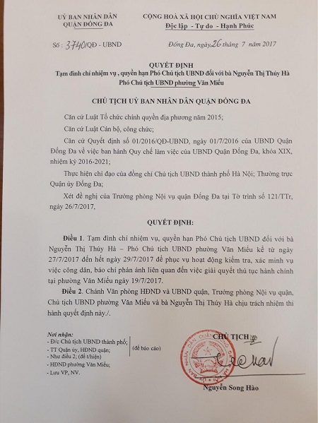 Hà Nội: Tạm đình chỉ nhiệm vụ Phó chủ tịch UBND phường Văn Miếu - Hình 1