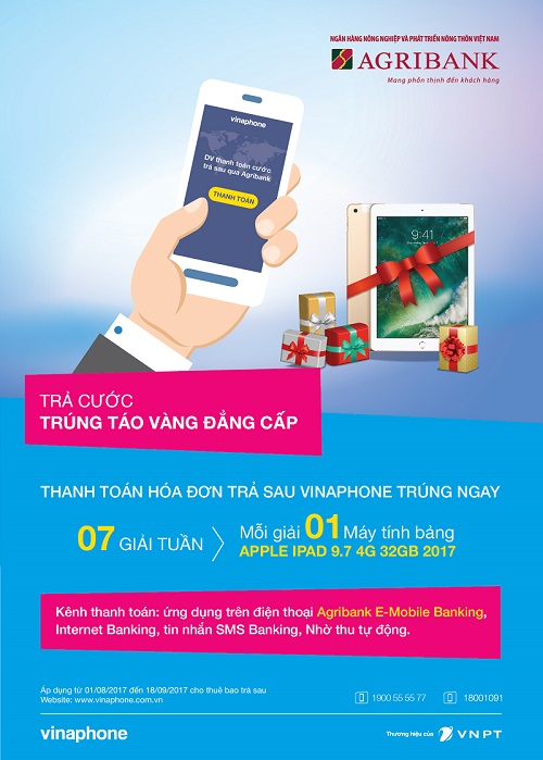 Thanh toán cước trả sau VinaPhone qua Agribank trúng iPad