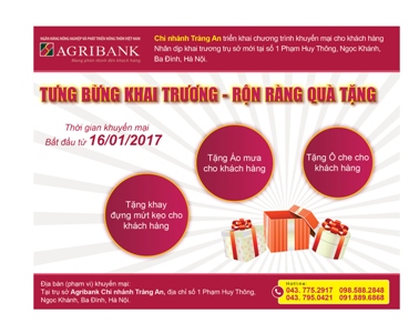 Agribank Tràng An: Tưng bừng quà tặng khai trương trụ sở mới