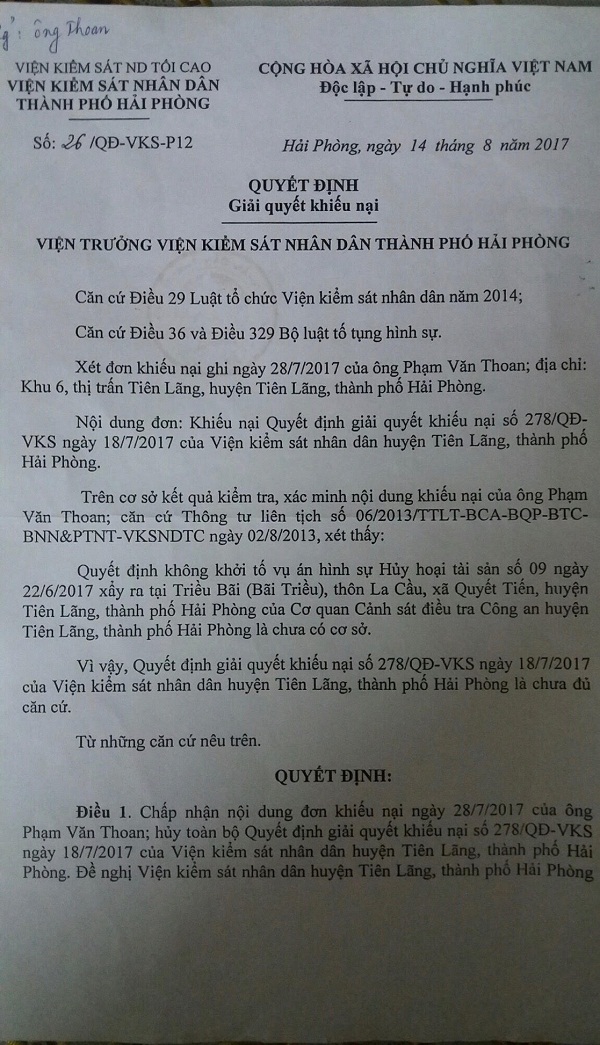 VKSND TP. Hải Phòng: Hủy kết luận của VKSND huyện Tiên Lãng với ông Phạm Văn Thoan - Hình 1