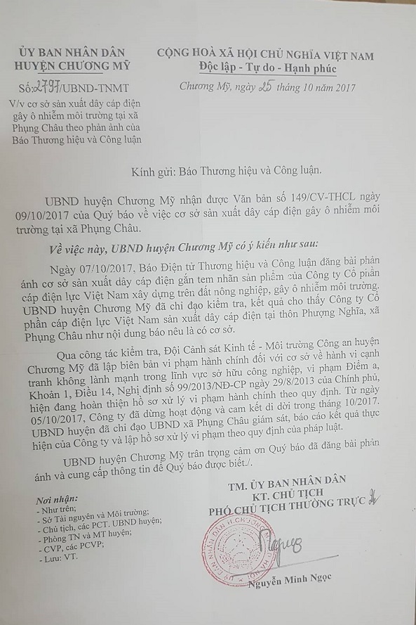 Chương Mỹ (Hà Nội): Đóng cửa xưởng sản xuất dây cáp điện của Cty CP Cáp điện lực Việt Nam