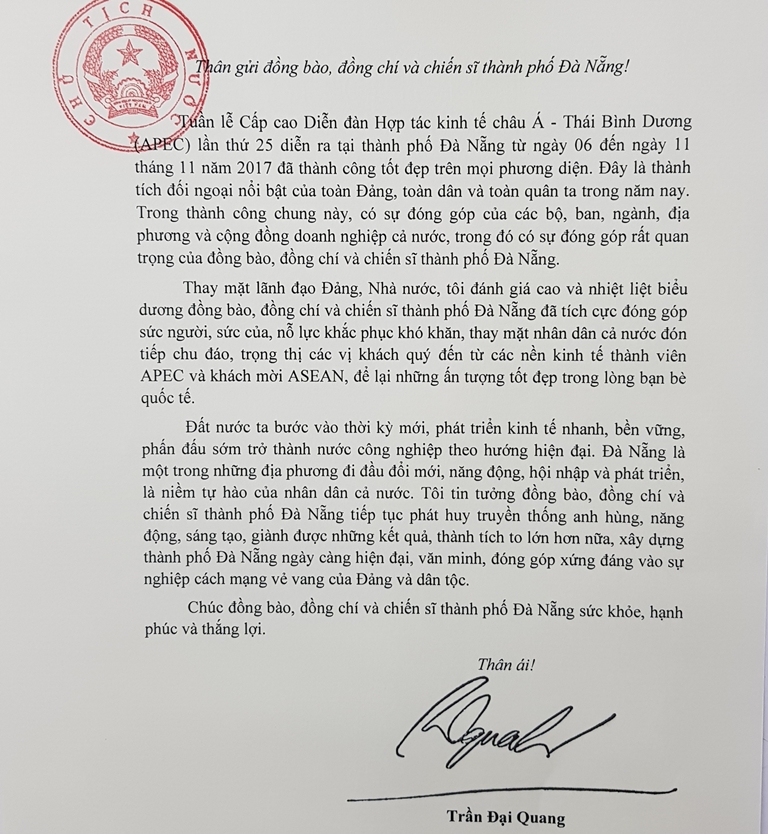 Chủ tịch nước biểu dương Đà Nẵng đăng cai thành công Tuần lễ Cấp cao APEC 2017 - Hình 1