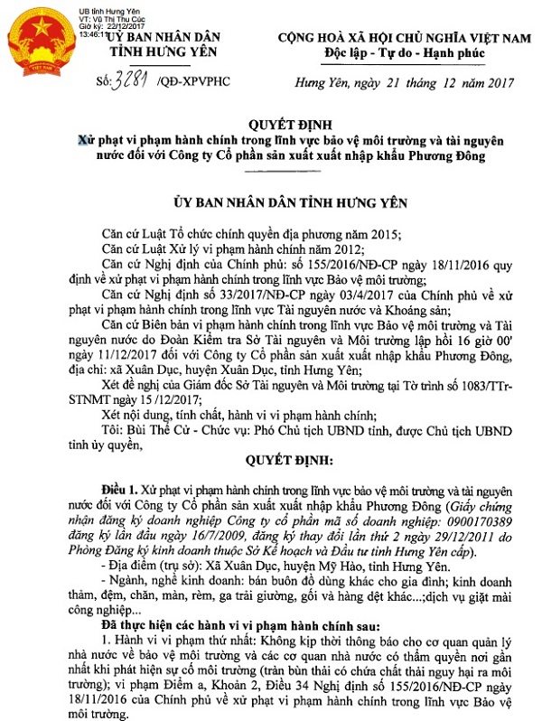 Hưng Yên: Gây ô nhiễm môi trường, một doanh nghiệp bị xử phạt 600 triệu đồng