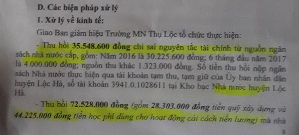 Hà Tĩnh: Thu hồi gần 120 triệu đồng thu chi sai ở trường mầm non Thụ Lộc - Hình 3