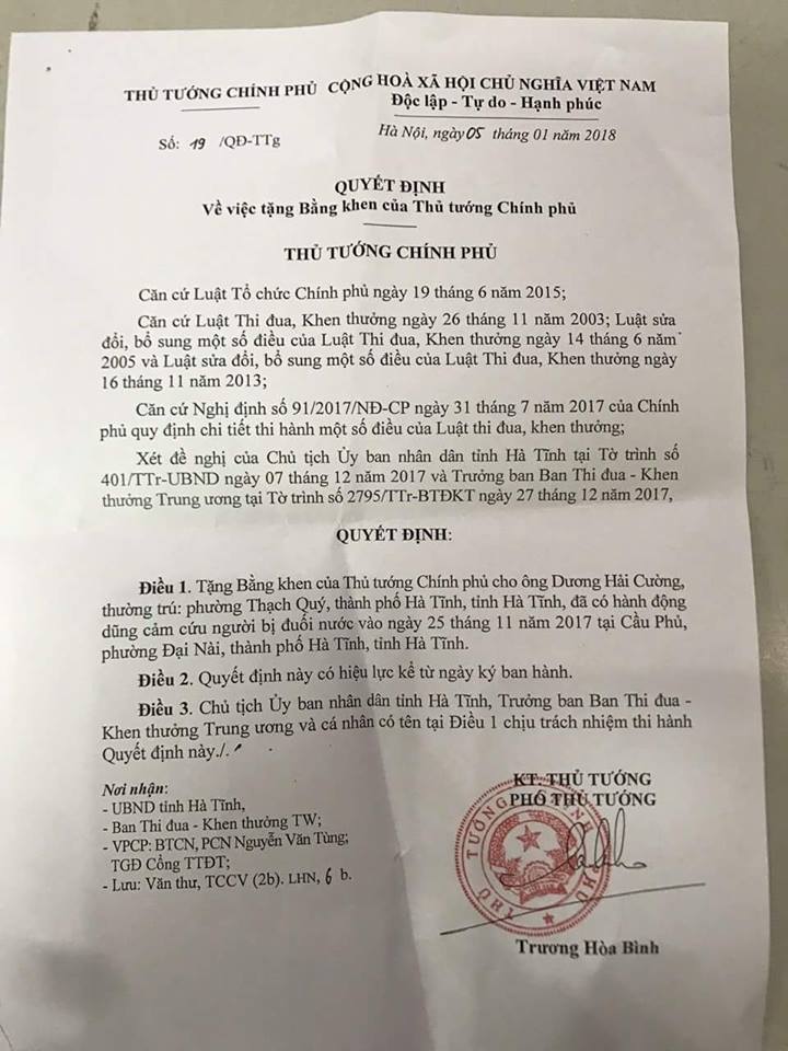 Thủ tướng tặng Bằng khen cho thanh niên dũng cảm cứu người tự tử