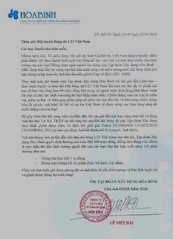Chủ tịch Tập đoàn Xây dựng Hòa Bình: Đặt trọn niềm tin và hi vọng vào U23 Việt Nam - Hình 1
