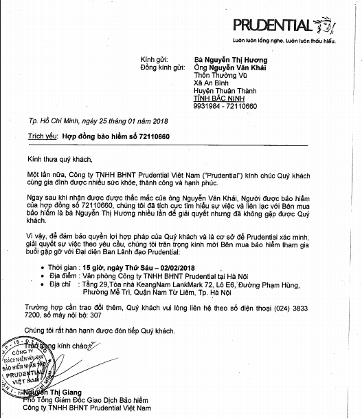 Vụ giám đốc văn phòng Prudential bị tố giả mạo chữ ký: Công ty bảo hiểm chờ khách hàng hợp tác